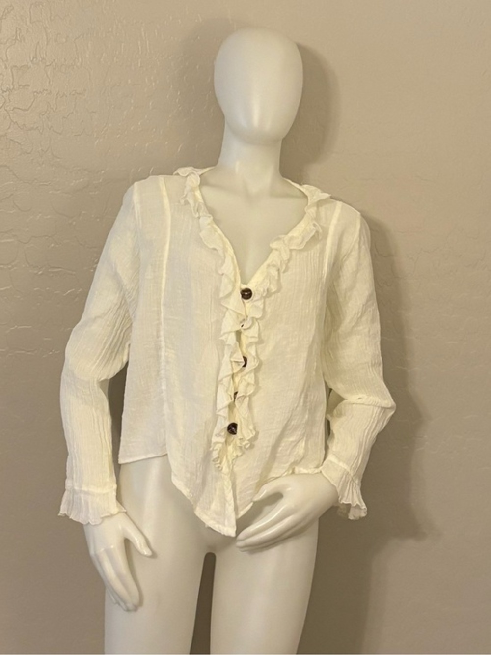 Heart’s Desire by Mary Grace Textured Crinkled White Linen Button Down Jacket L